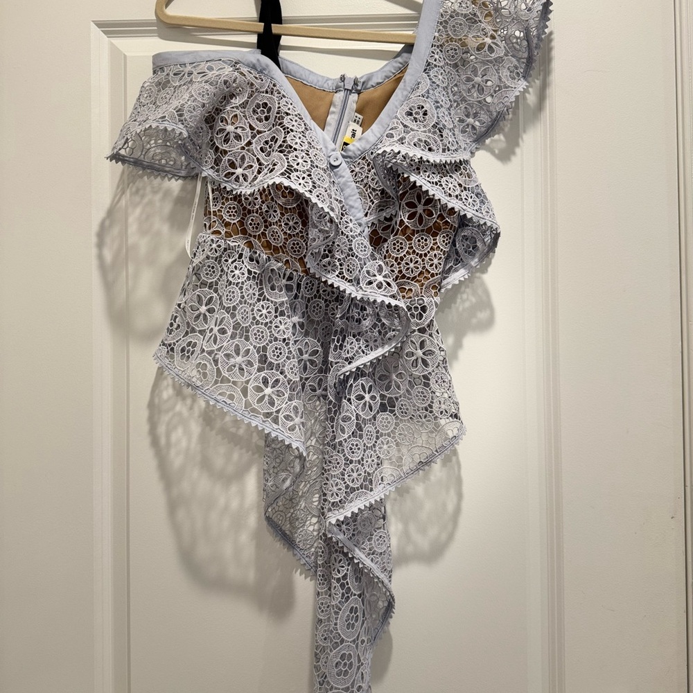 Self-Portrait Lace Ruffle Blouse in Light Gray